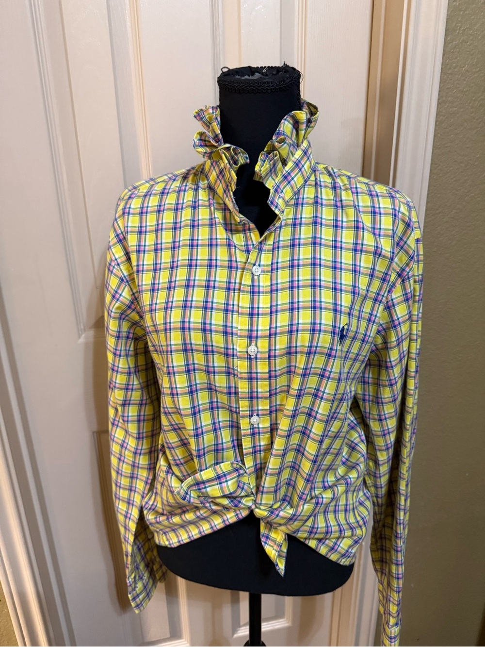 Upcycled Ralph Lauren Yellow Plaid Button-Down Shirt with Blue & Purple Accents